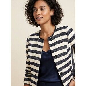 THE LIMITED M Navy Ivory Textured Tweed Striped Blazer Coastal Business Preppy